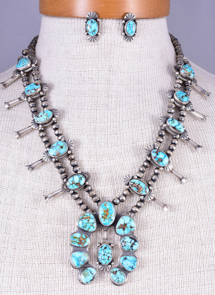 Traditional Kingman Turquoise Silver Navajo Squash Blossom Necklace By Betta Lee 5L23G
