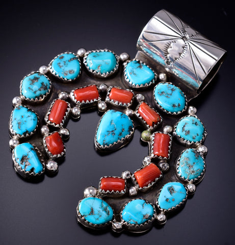 Vintage Silver & Turquoise w/ Coral Navajo Handmade Horseshoe Pendant by RB 6E14E