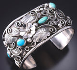 Silver & Turquoise Navajo Feathers 'n Flowers Bracelet by Jerry Thompson 6H31W
