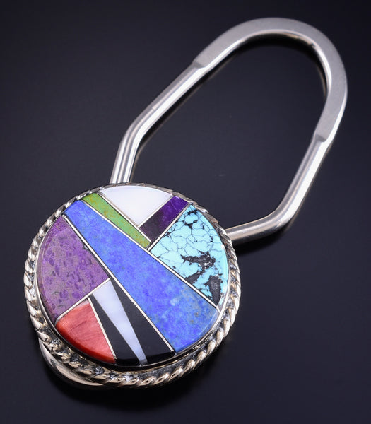 Silver & Turquoise Multistone Navajo Inlay Key Ring by Arnold Yazzie 5L25N