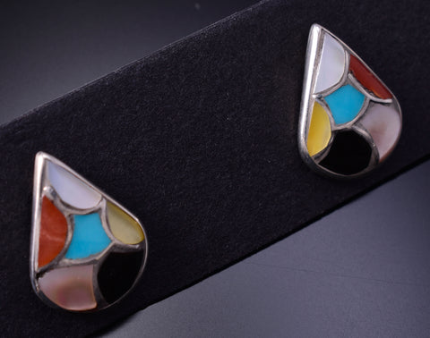 Silver & Turquoise Multistone Zuni Scallop Inlay Water Drop Earrings 5D18Q