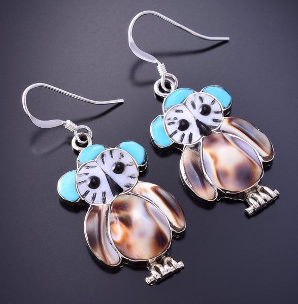 Silver & Turquoise Multistone Zuni Inlay Owl Earrings by Regina Kallestewa 3H02H