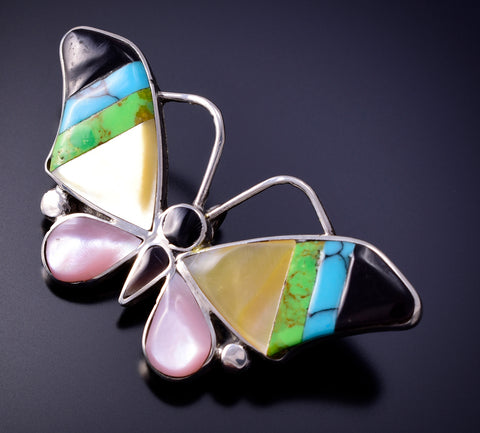 Silver Multistone Zuni Inlay Butterfly Pendant/Brooch by Angus Ahiyite 4L20C