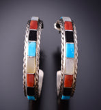Silver & Turquoise Zuni Inlay Hoop Earrings by Malcolm Chavez 3G03P