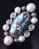 Sz 7.5 Silver & Golden Hills Turquoise Fresh Pearl Navajo Ring Erick Begay 5F30F