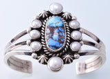 Silver & Golden Hills Turquoise & Fresh Pearl Navajo Bracelet by Erick Begay 3H19Q