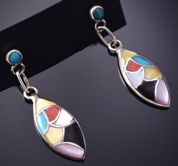 Silver & Turquoise Multistone Zuni Inlay Dangle Earrings by Orena Leekya 6D22S
