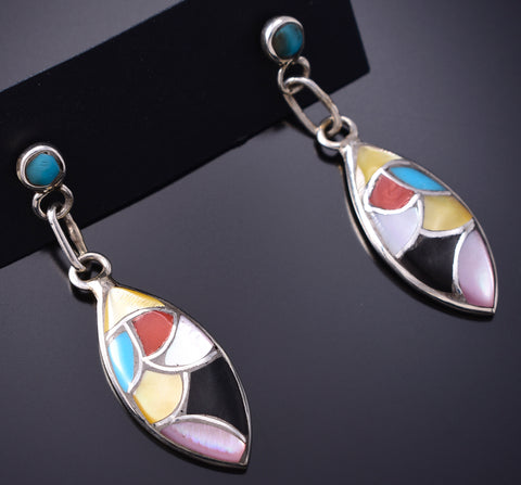 Silver & Turquoise Multistone Zuni Inlay Dangle Earrings by Orena Leekya 6D22S