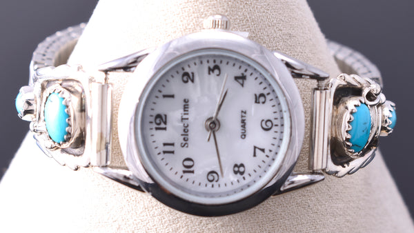 Silver & Turquoise Navajo Handmade Eagle Feathers Watch by Annie Spencer 6H31P