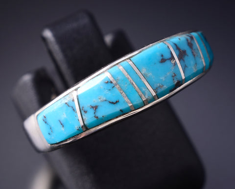 Size 9 Silver & Turquoise Navajo Inlay Ring by Laura Lincoln 5L07V