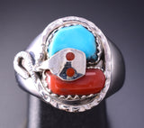 Size 6-3/4 Silver & Turquoise w' Coral Zuni Effie C. Snake Ring 4A12K