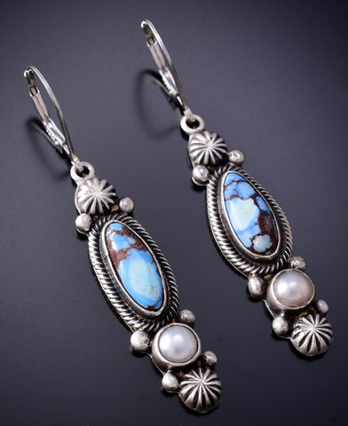 Silver & Golden Hills Turquoise w/ Fresh Pearl Navajo Earrings Erick Begay 6H17C