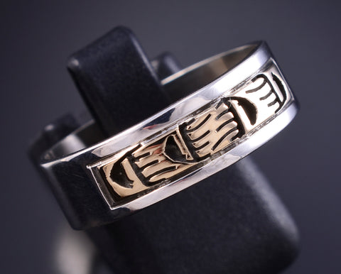 Size 10 Silver & 14k Gold Strong Bear Navajo Ring by Peggy Skeets 5L26C