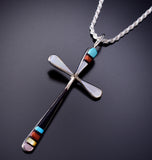 Silver & Turquoise Multistone Zuni Inlay Cross Pendant By Sylvester Noche - 6J31Z
