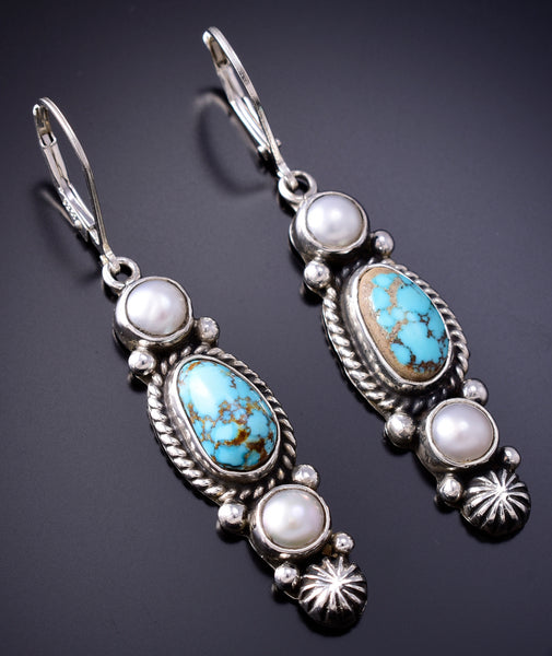 Silver & Golden Hills Turquoise Fresh Pearl Navajo Earrings by Erick Begay 6F27E