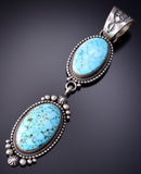 Silver & Kingman Turquoise Navajo Long 2 Stone Pendant by Tom Lewis 6H25N