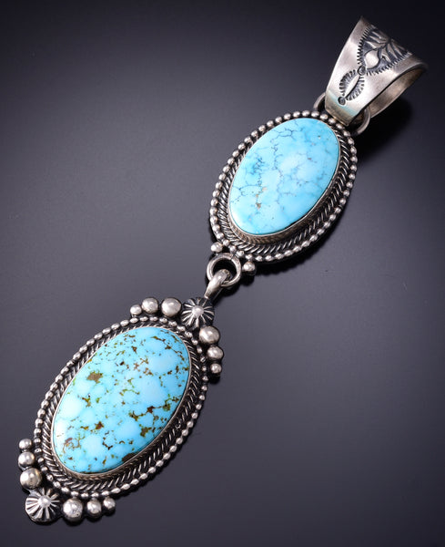 Silver & Kingman Turquoise Navajo Long 2 Stone Pendant by Tom Lewis 6H25N