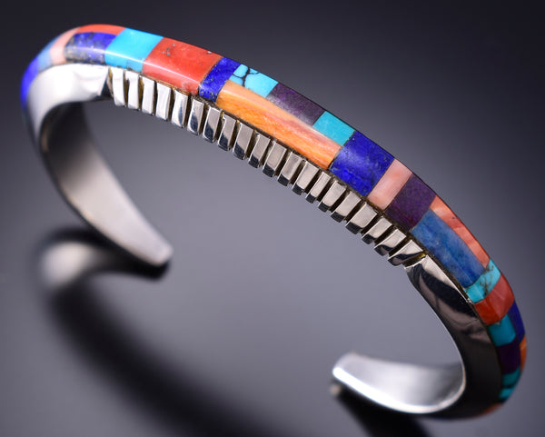 Vintage Silver Multistone Navajo Inlay Bracelet by Lynol Yellowhorse 6H31M