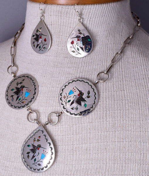 Navajo Inlay Hummingbird Slip Necklace and Earring Set by Raymond Boyd 5L23B