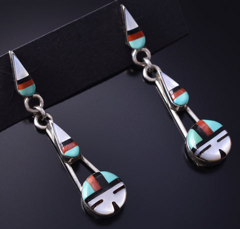 Silver & Turquoise Multistone Zuni Inlay Sunface Earrings 5F10V