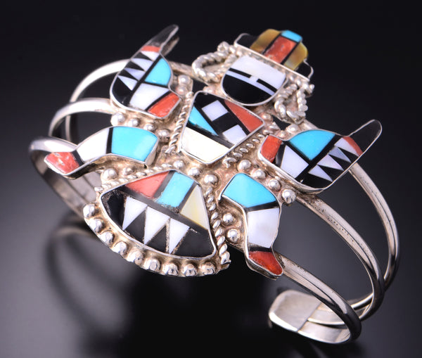 Silver & Turquoise Multistone Inlay Zuni Rainbow Man Bracelet by Marisa Cellicion 3F05O