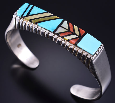 Vintage Silver & Turquoise Navajo Inlay Bracelet by Ray Jack 5K22Z