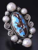 Sz 7.5 Silver & Golden Hills Turquoise Fresh Pearl Navajo Ring Erick Begay 5F30F