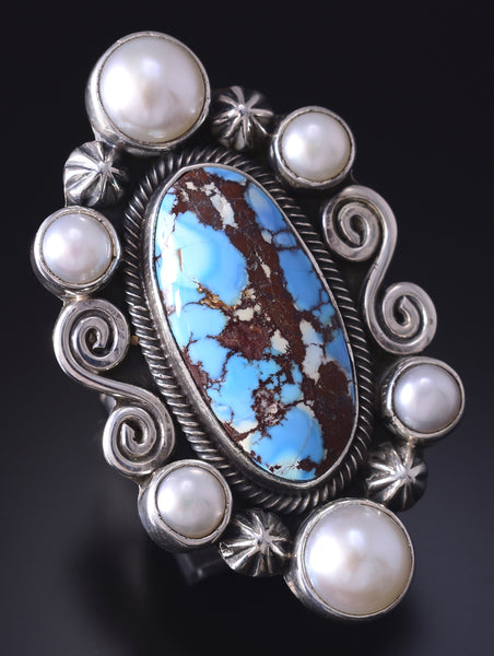 Sz 7.5 Silver & Golden Hills Turquoise Fresh Pearl Navajo Ring Erick Begay 5F30F