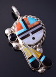 Silver & Turquoise Multistone Zuni Inlay Sunface Pendant Geraldine Lonjose 5F10N