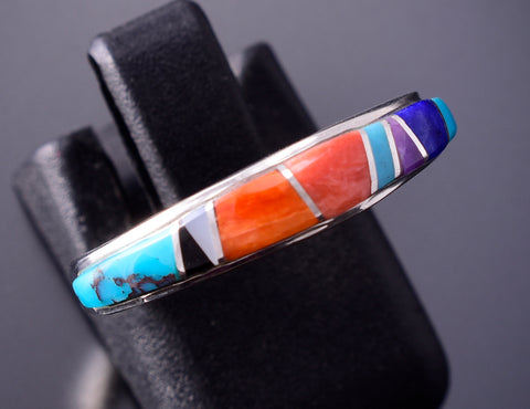 Size 5-1/2 Silver & Turquoise Multistone Navajo Inlay RIng 4B21G