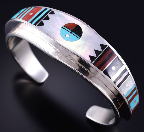 Vintage Silver & Turquoise Multistone Navajo Inlay Sunface Bracelet Ernest Benally 5K22U