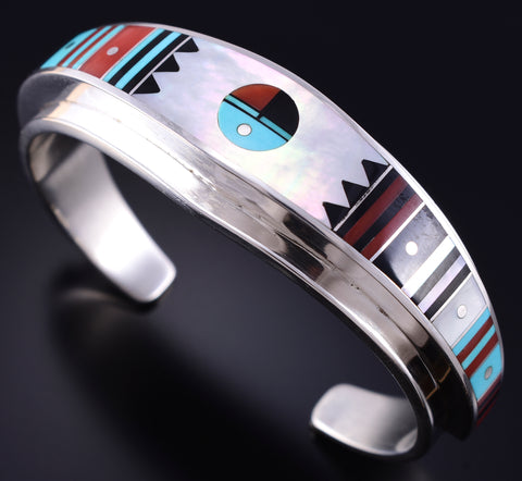 Vintage Silver & Turquoise Multistone Navajo Inlay Sunface Bracelet Ernest Benally 5K22U