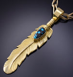 18k Gold & Lander Blue Turquoise Navajo Eagle Feather Pendant Erick Begay 6C02R
