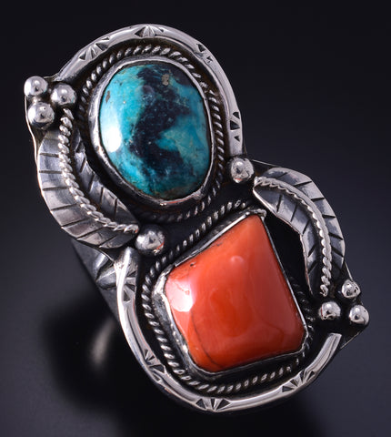 Vintage Size 5-3/4 Silver & Turquoise Coral Navajo Ring 5G12F