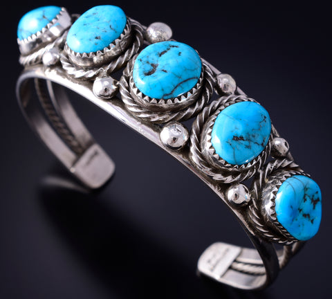 Silver & Turquoise Row Navajo Handmade Bracelet by Ravis Henry 5L10D