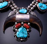 Vintage Silver & Turquoise Coral Bear Claw Navajo Necklace by EB 4K28A