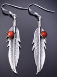 Silver & Coral Navajo Eagle Feather Earrings by Louise Joe 6D09K