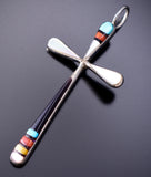 Silver & Turquoise Multistone Zuni Inlay Cross Pendant By Sylvester Noche - 6J31Z