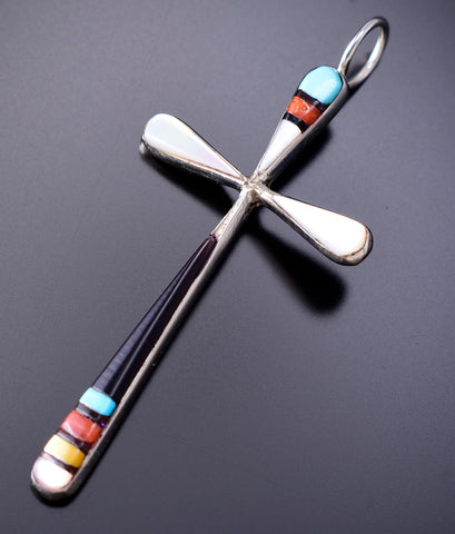 Silver & Turquoise Multistone Zuni Inlay Cross Pendant By Sylvester Noche - 6J31Z