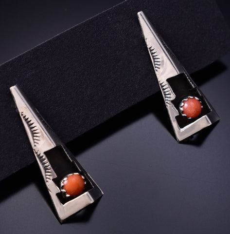 Silver & Coral Navajo Handmade Shadow Earrings by Felix Perry 6F17W