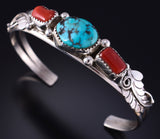 Vintage Silver & Turquoise w/ Coral Navajo Bracelet by R. Francisco 5K10E