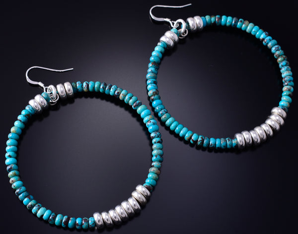 Navajo Handmade Turquoise & Navajo Pearls Hoop Earrings 5G16D