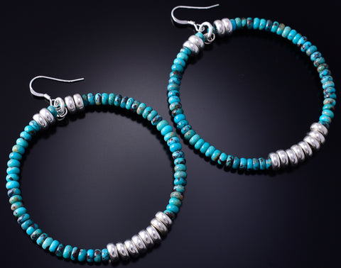 Navajo Handmade Turquoise & Navajo Pearls Hoop Earrings 5G16D