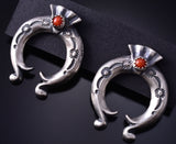Silver & Coral Navajo Horseshoe Post Earrings by Adrienne Gordon 5G18U