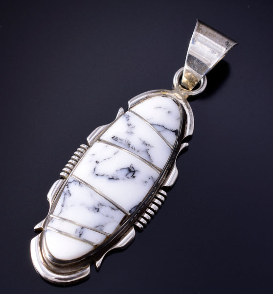Silver and White Buffalo Turquoise Inlay Oval Pendant by Steve Francisco 5L17M