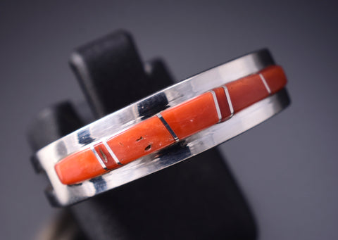 Size 10-1/2 Silver & Coral Navajo Inlay Ring by Wilbert Muskett 6D28V