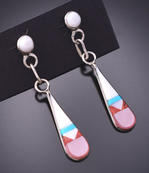 Silver & Turquoise Multistone Zuni Inlay Dangle Earrings by Francine Chapito 3G03J