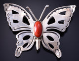 Vintage Silver & Coral Navajo Handmade Open Face Butterfly Brooch 5G12M
