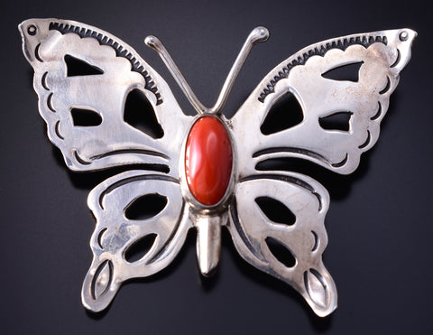 Vintage Silver & Coral Navajo Handmade Open Face Butterfly Brooch 5G12M