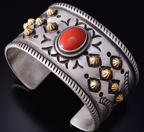 Silver & 22k Gold w/ Mediterranean Coral Navajo Bracelet by Erick Begay 5H01B